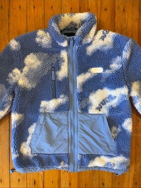 NUDE Blue and White Sherpa Patch Zip Jacket